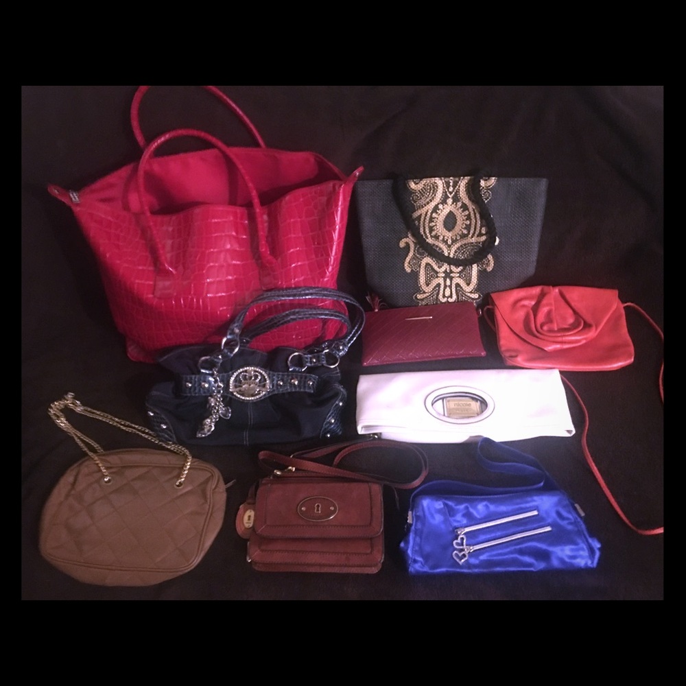 Various bags all shapes sizes colors and brands